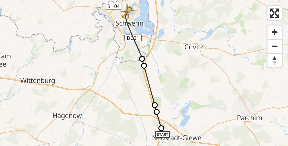 Flugroute Rettungshubschrauber Neustadt-Glewe - Schwerin, 21 September 2026, 10:26