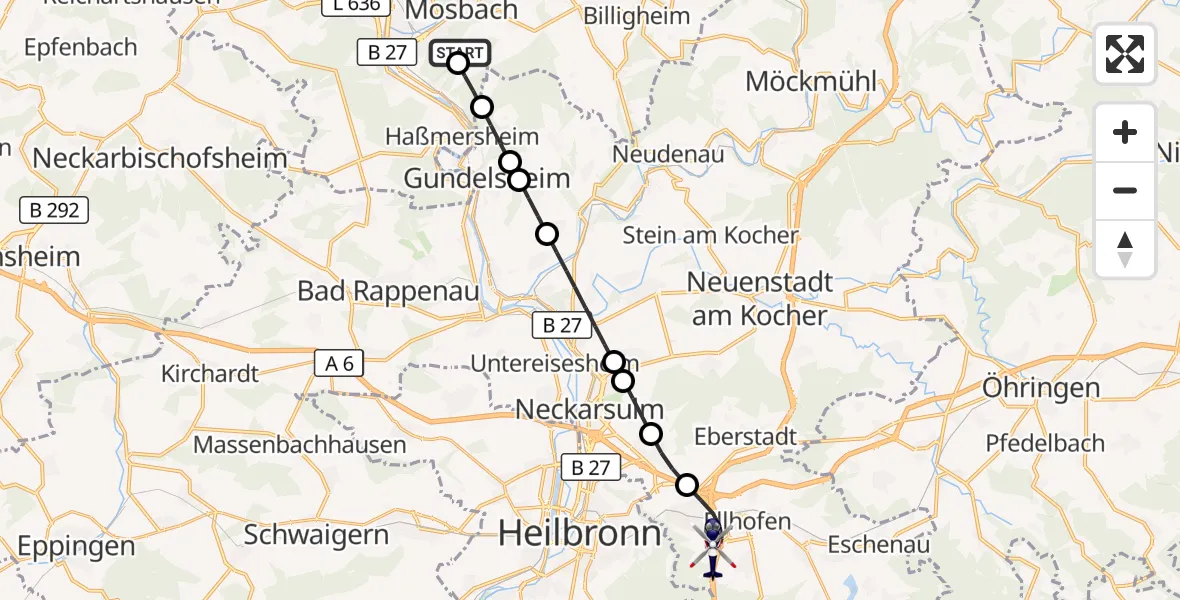 Flugroute Polizeihubschrauber Mosbach - Weinsberg, 21 September 2026, 10:32