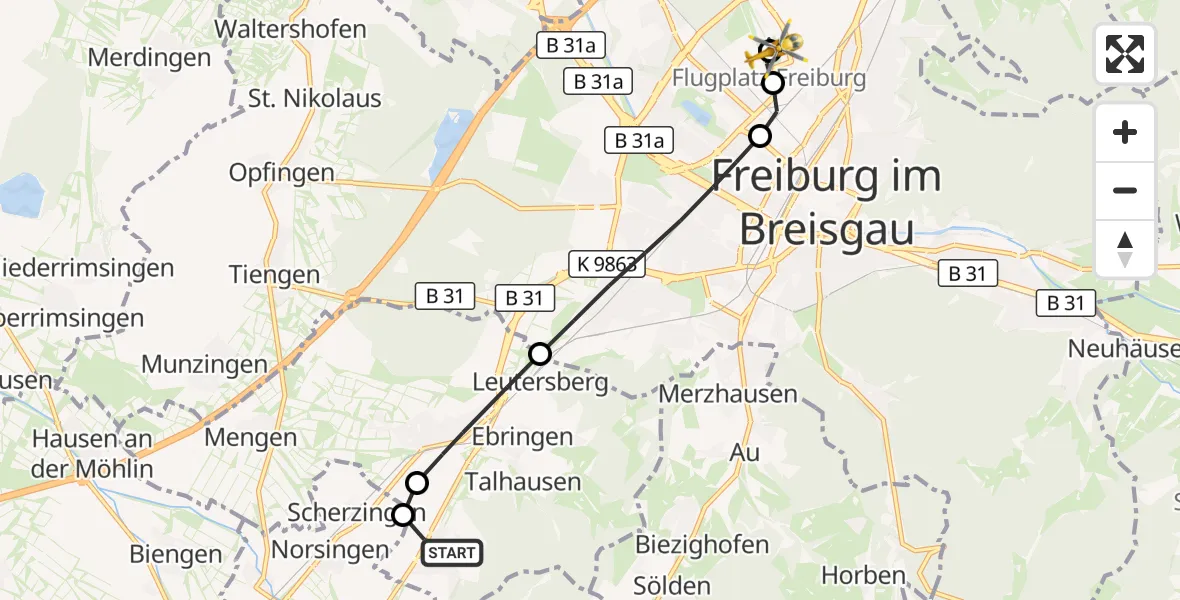 Flugroute Ambulanzhubschrauber Pfaffenweiler - Freiburg im Breisgau Flugplatz, 21 September 2026, 10:35