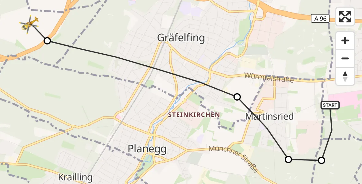 Flugroute Rettungshubschrauber DRF Air Rescue München Hubschrauberlandeplatz - Germering, 21 September 2026, 10:35