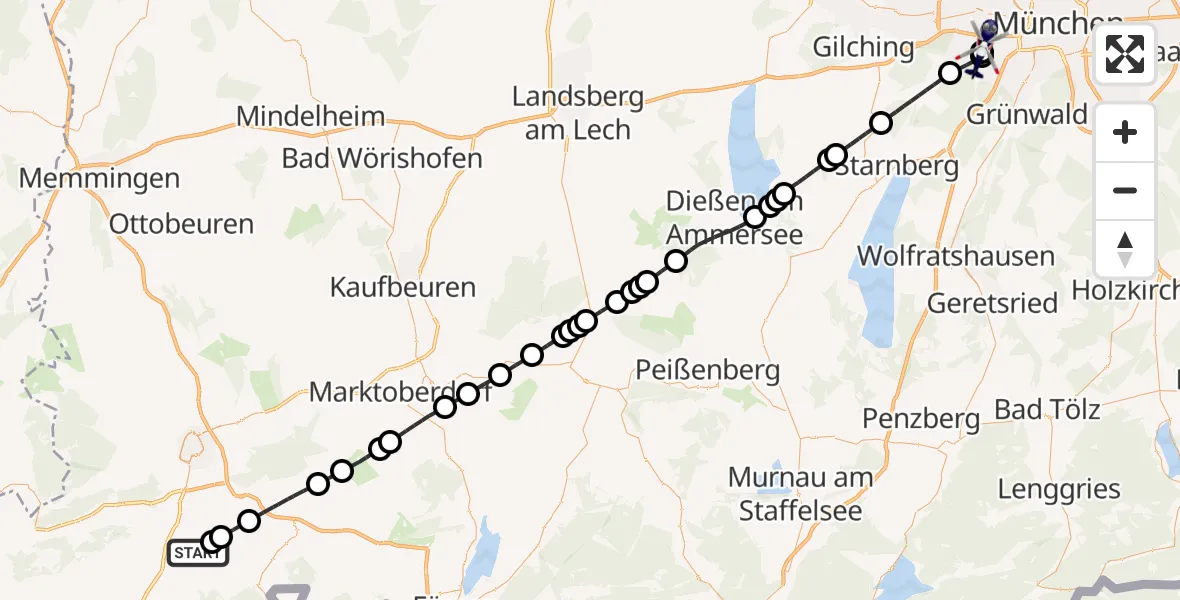 Flugroute Polizeihubschrauber Sulzberg - DRF Air Rescue München Hubschrauberlandeplatz, 21 September 2026, 10:38