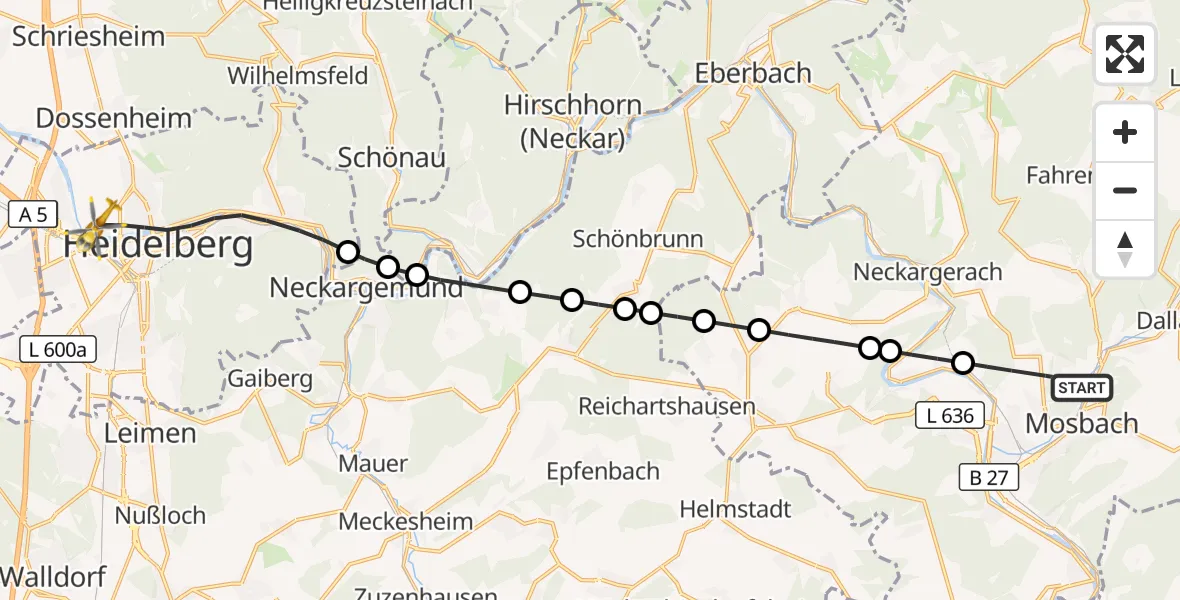 Flugroute Rettungshubschrauber Mosbach - Heidelberg, 21 September 2026, 10:39