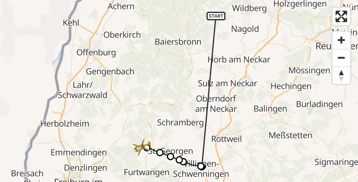 Flugroute Ambulanzhubschrauber Altensteig - Schonach im Schwarzwald, 21 September 2026, 10:55