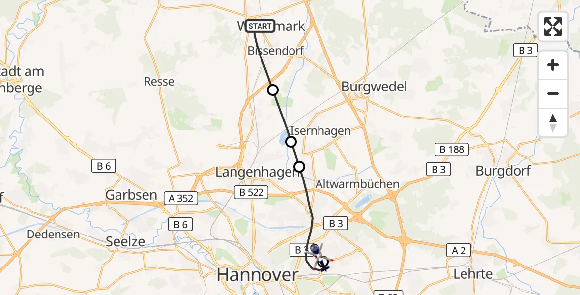 Flugroute Polizeihubschrauber Wedemark - Hannover Luftrettung Hubschrauberlandeplatz (Christoph 4), 21 September 2026, 11:03