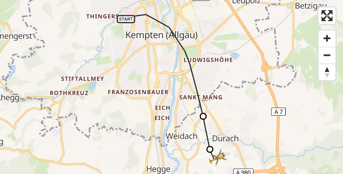 Flugroute Rettungshubschrauber Kempten (Allgäu) - Kempten-Durach Flugplatz, 21 September 2026, 11:05