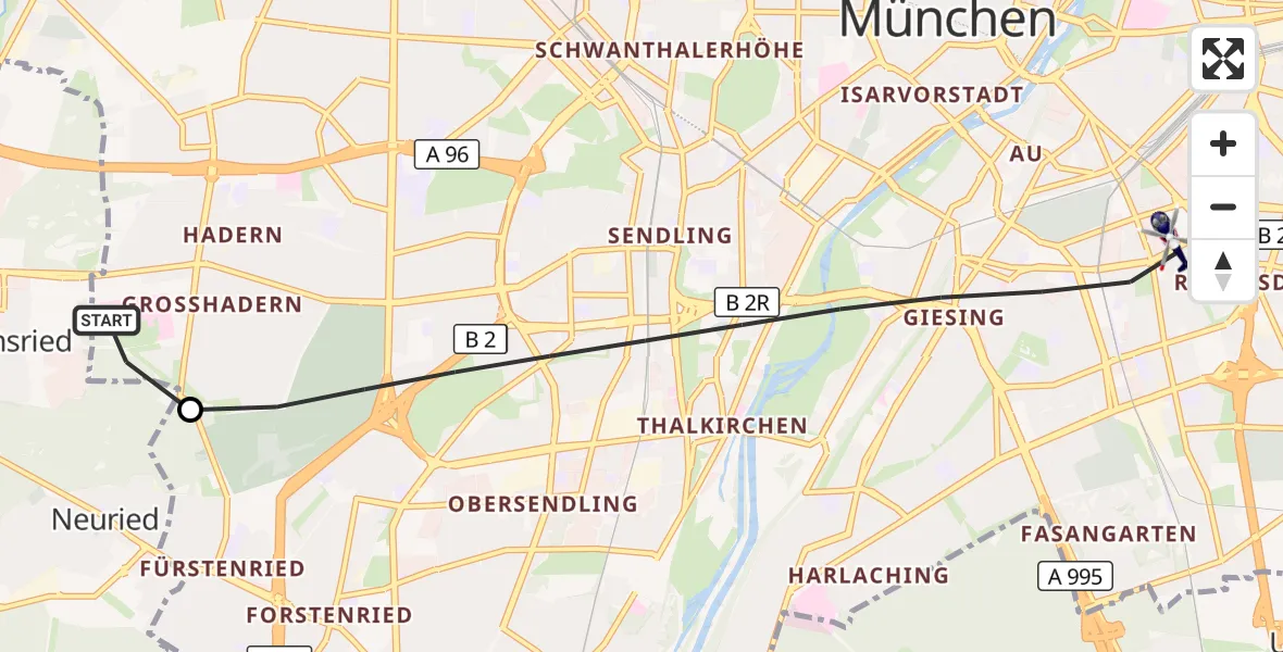 Flugroute Polizeihubschrauber DRF Air Rescue München Hubschrauberlandeplatz - München, 21 September 2026, 11:09