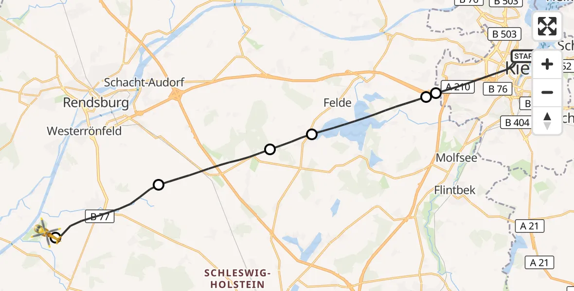 Flugroute Ambulanzhubschrauber Kiel - Hörsten, 21 September 2026, 11:15