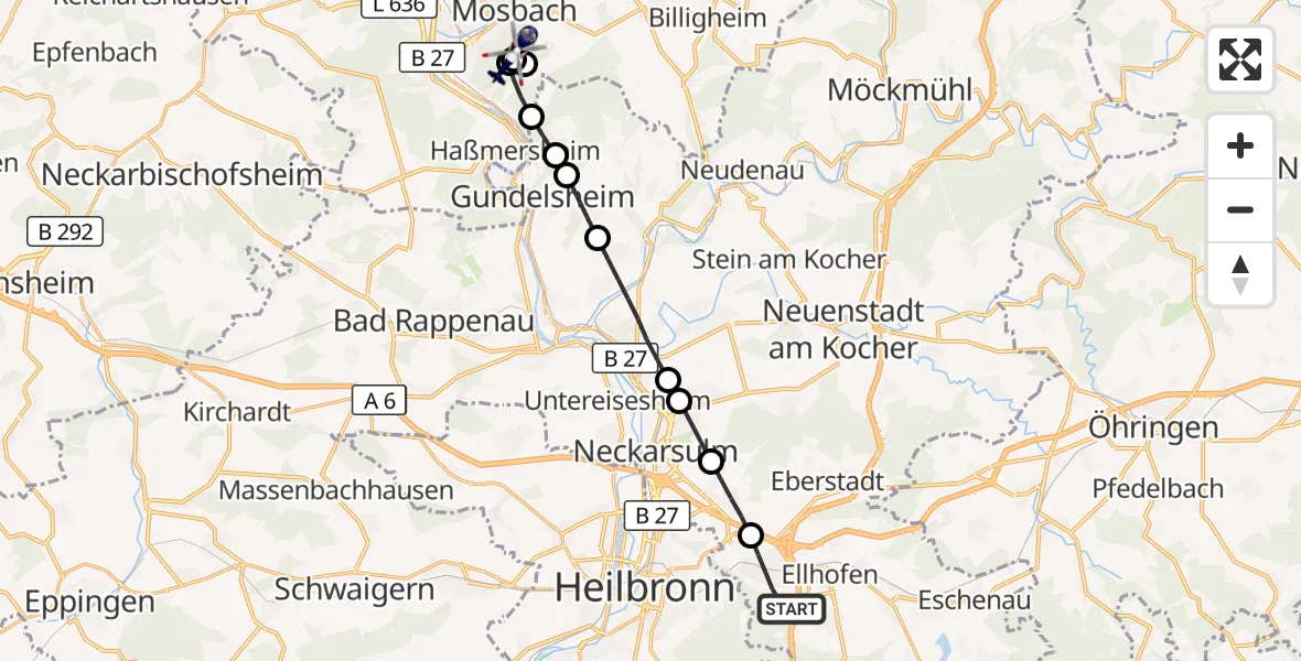 Flugroute Polizeihubschrauber Weinsberg - Mosbach, 21 September 2026, 11:18