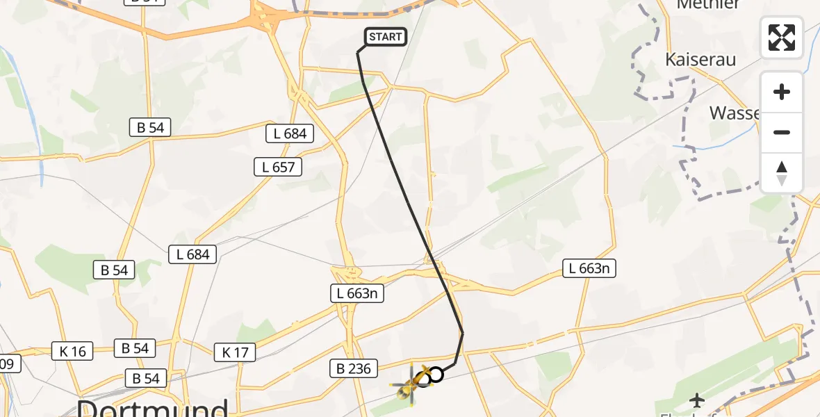 Flugroute Rettungshubschrauber Dortmund - Westphalia Miners' Hospital, 21 September 2026, 11:24
