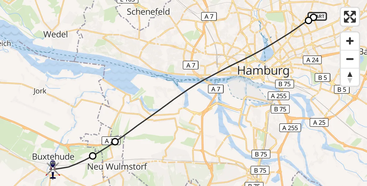 Flugroute Polizeihubschrauber Hamburg Military Hospital - Buxtehude, 21 September 2026, 11:25