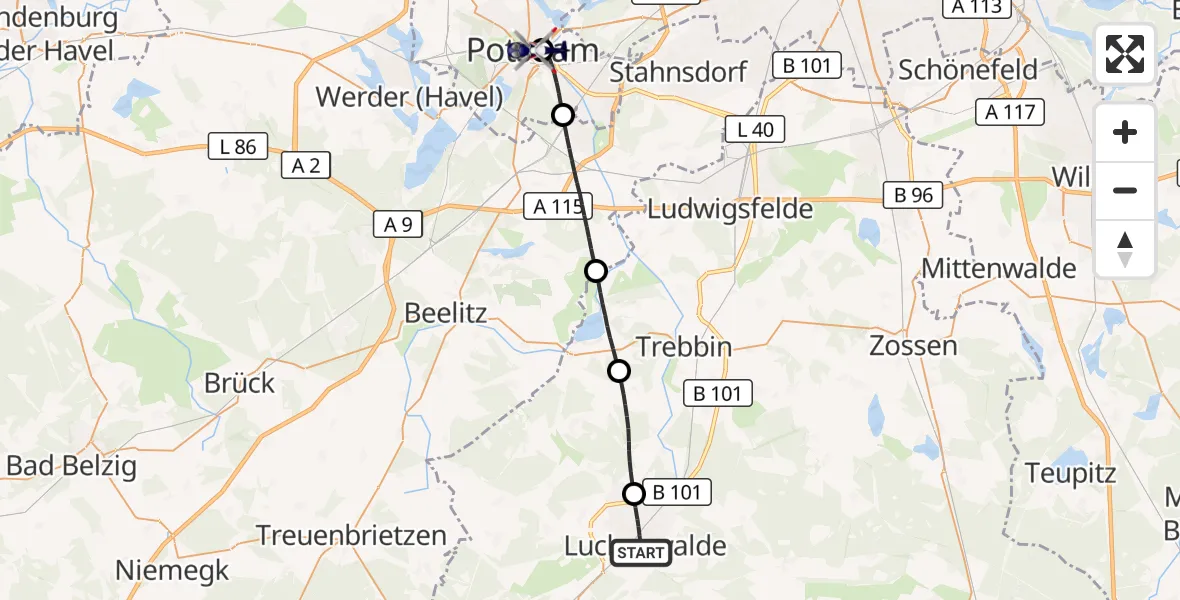 Flugroute Polizeihubschrauber Luckenwalde - Ernst von Bergmann Clinic Hubschrauberlandeplatz, 21 September 2026, 11:28