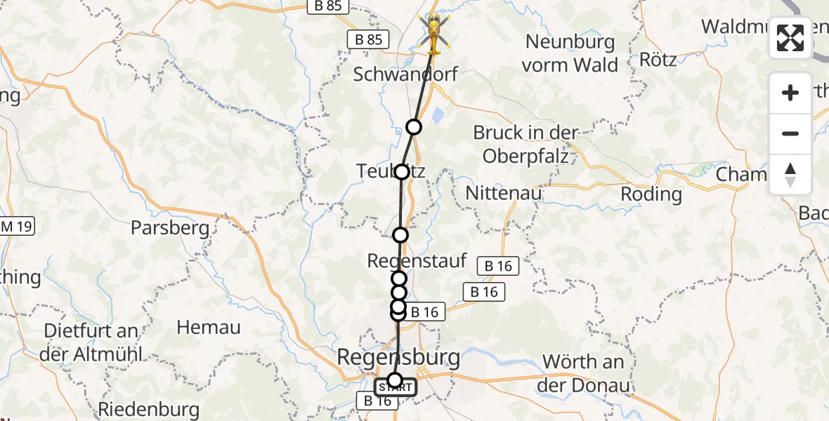 Flugroute Ambulanzhubschrauber DRF Air Rescue Station Regensburg / Regensburg University Hospital - Schwandorf, 21 September 2026, 11:35
