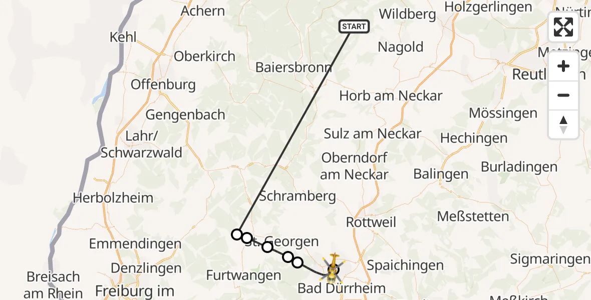 Flugroute Ambulanzhubschrauber Altensteig - DRF Air Rescue Station Villingen-Schwenningen Hubschrauberlandeplatz (Christoph 11), 21 September 2026, 11:39