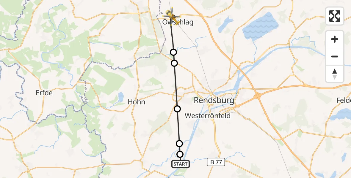 Flugroute Ambulanzhubschrauber Hörsten - Owschlag, 21 September 2026, 11:39