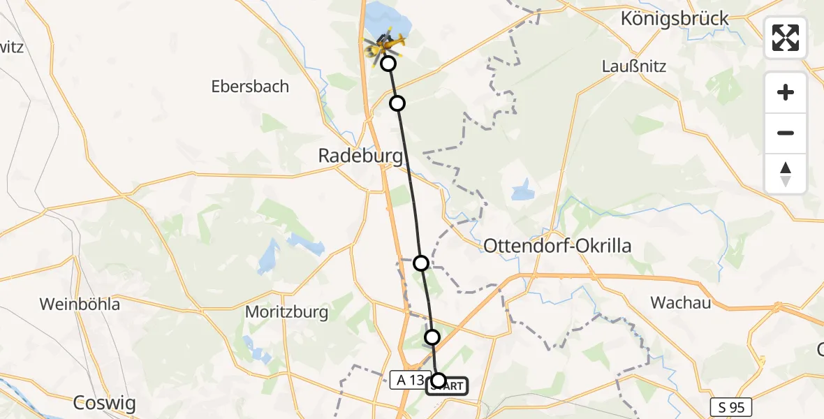 Flugroute Rettungshubschrauber Dresden Bundespolizei Hubschrauberlandeplatz - Thiendorf, 21 September 2026, 11:45
