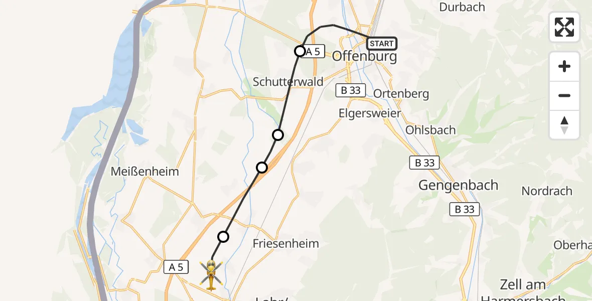 Flugroute Rettungshubschrauber Offenburg - Lahr Flughafen, 21 September 2026, 12:00