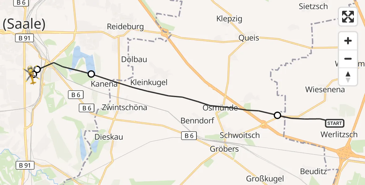 Flugroute Rettungshubschrauber Wiedemar - BG Hospital Bergmannstrost Halle, 21 September 2026, 12:06
