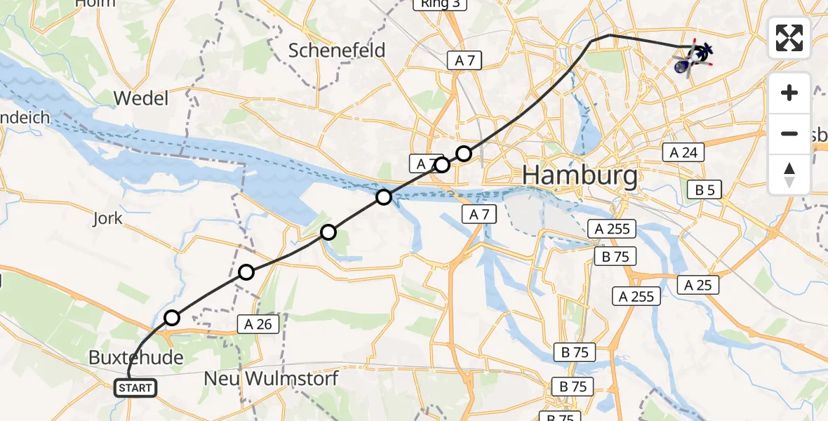 Flugroute Polizeihubschrauber Buxtehude - Hamburg Military Hospital, 21 September 2026, 12:09