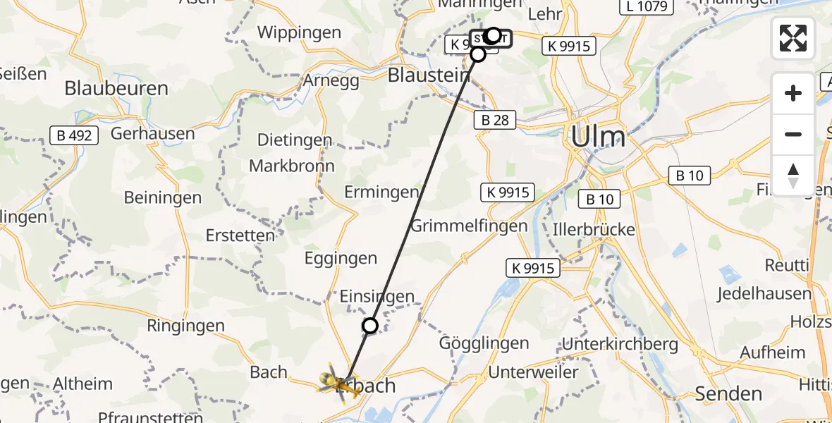 Flugroute Rettungshubschrauber Ulm Military Hospital Emergency - Erbach, 21 September 2026, 12:13