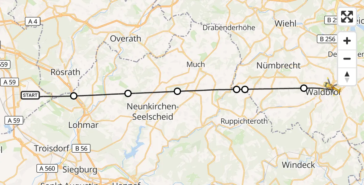 Flugroute Ambulanzhubschrauber Köln Bonn Flughafen - Waldbröl, 21 September 2026, 12:14