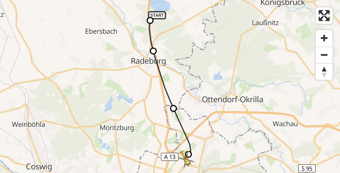 Flugroute Rettungshubschrauber Thiendorf - Dresden Bundespolizei Hubschrauberlandeplatz, 21 September 2026, 12:21