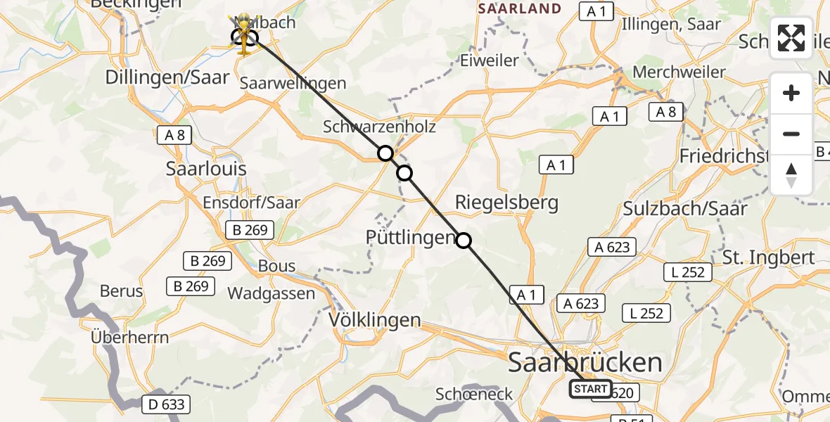 Flugroute Rettungshubschrauber Saarbrücken - Dillingen/Saar, 21 September 2026, 12:25