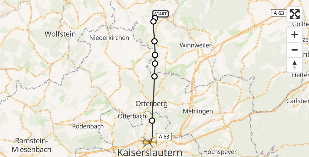 Flugroute Rettungshubschrauber Rockenhausen - Kaiserslautern, 21 September 2026, 12:34