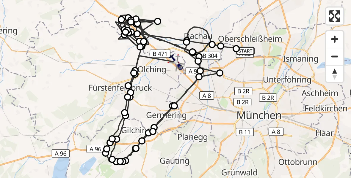 Flugroute Polizeihubschrauber Oberschleißheim - Olching, 21 September 2026, 12:36