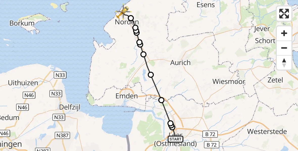 Flugroute Ambulanzhubschrauber Leer (Ostfriesland) - Norden, 21 September 2026, 12:38