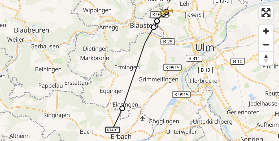 Flugroute Rettungshubschrauber Erbach - ADAC Air Rescue Station Ulm (Christoph 22), 21 September 2026, 12:49
