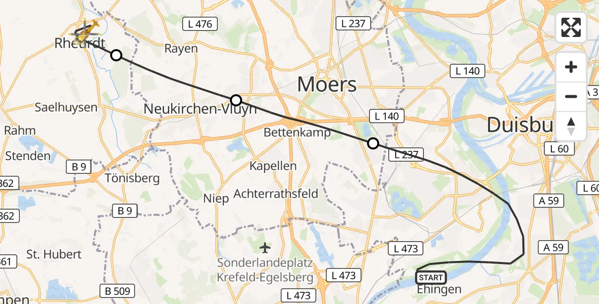 Flugroute Rettungshubschrauber Duisburg - Rheurdt, 21 September 2026, 12:52