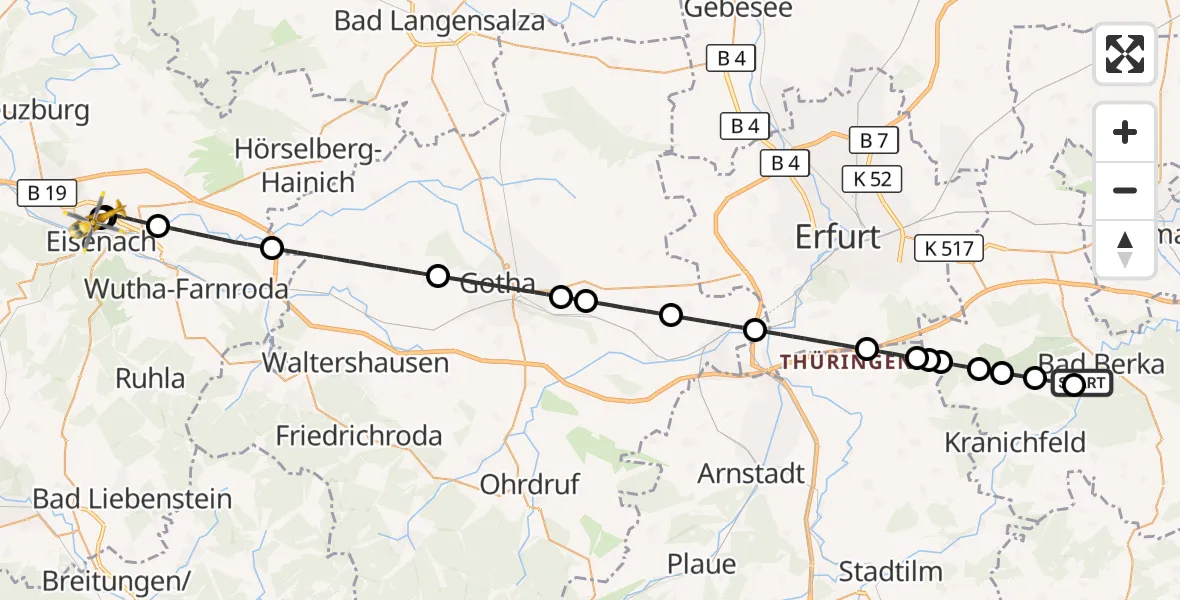 Flugroute Ambulanzhubschrauber Bad Berka Central Hospital - Sankt Georg Hospital Eisenach, 21 September 2026, 13:00