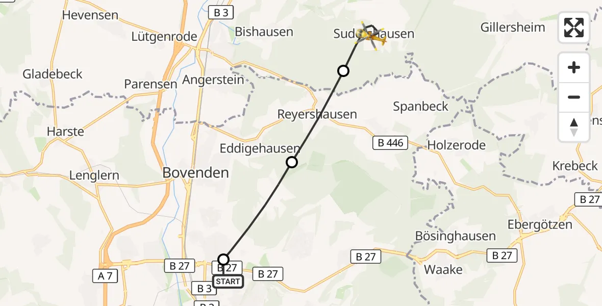 Flugroute Rettungshubschrauber Göttingen University Clinic Hubschrauberlandeplatz - Nörten-Hardenberg, 21 September 2026, 13:00