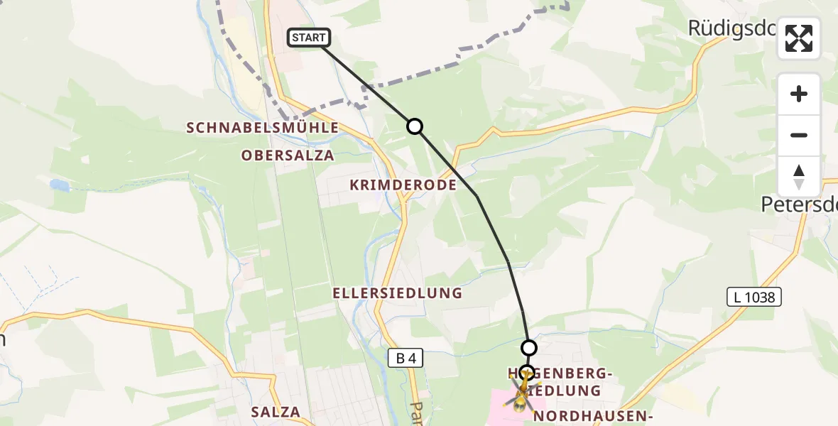 Flugroute Rettungshubschrauber Harztor - Südharz Hospital Nordhausen, 21 September 2026, 13:05