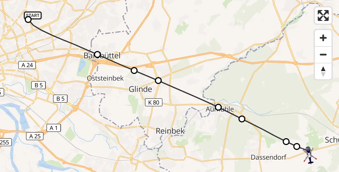 Flugroute Polizeihubschrauber Hamburg Military Hospital - Brunstorf, 21 September 2026, 13:06