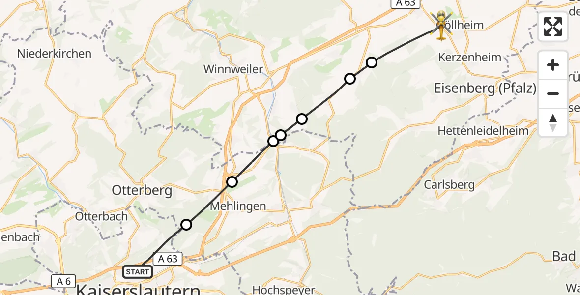 Flugroute Rettungshubschrauber Kaiserslautern - Göllheim, 21 September 2026, 13:21