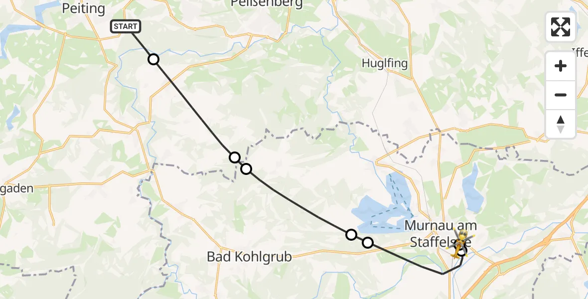 Flugroute Rettungshubschrauber Peiting - Murnau Accident Hospital, 21 September 2026, 13:22