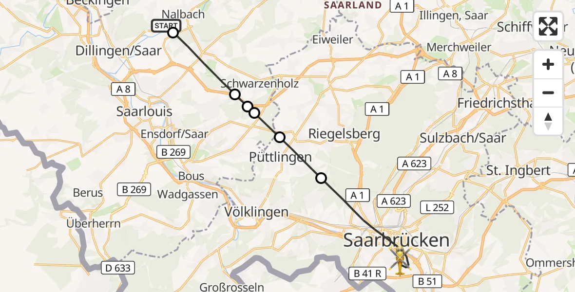 Flugroute Rettungshubschrauber Dillingen/Saar - Saarbrücken, 21 September 2026, 13:27