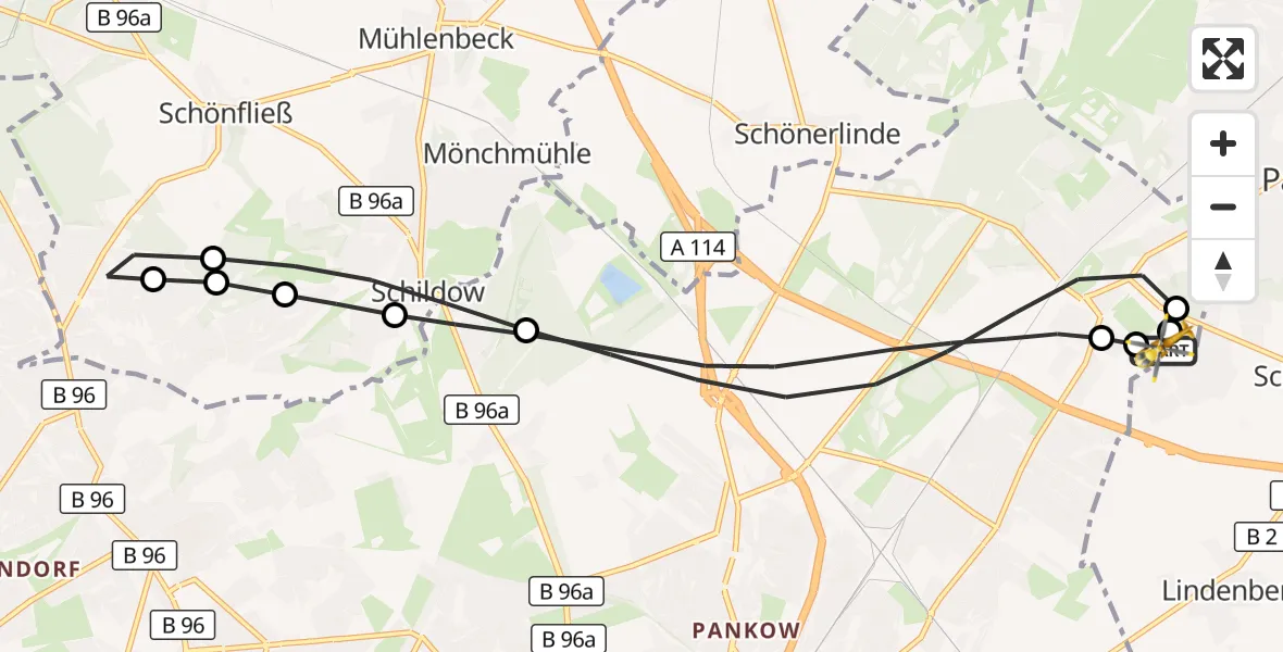 Flugroute Rettungshubschrauber Helios Clinic Berlin-Buch - Helios Clinic Berlin-Buch, 21 September 2026, 13:33
