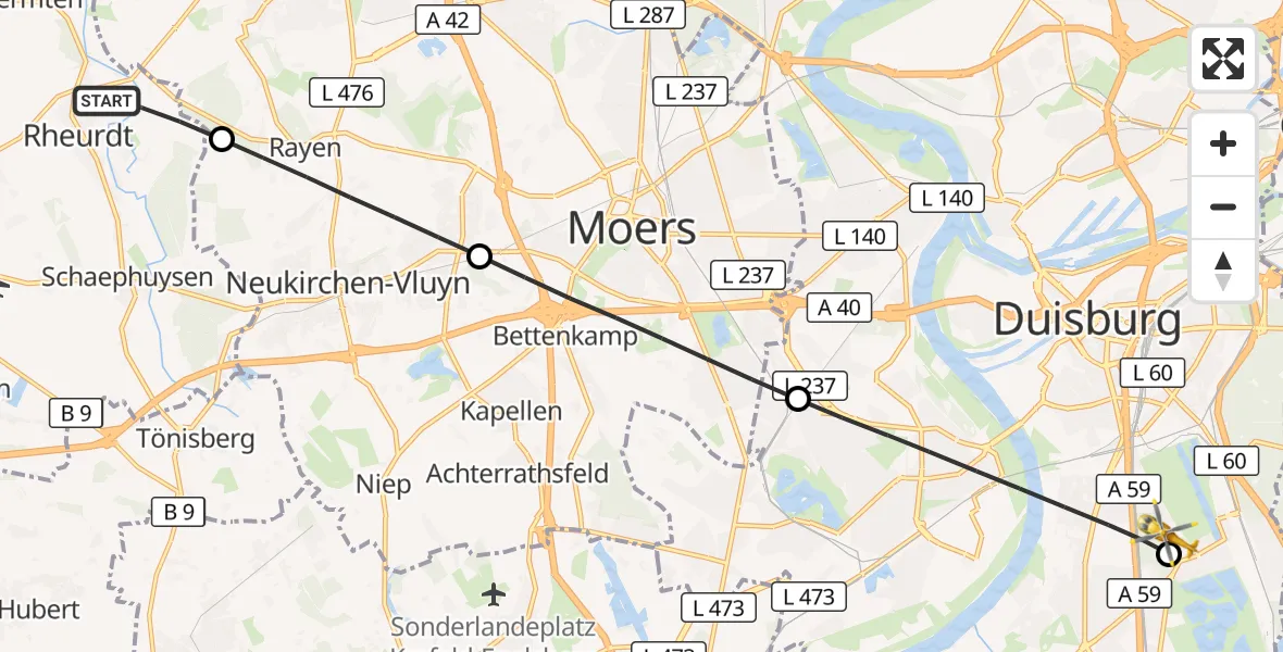 Flugroute Rettungshubschrauber Rheurdt - Sana Clinic Duisburg Hubschrauberlandeplatz, 21 September 2026, 13:35