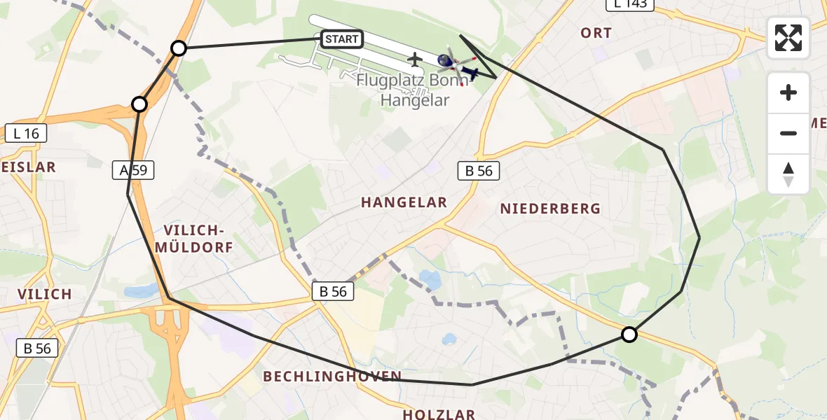 Flugroute Polizeihubschrauber Bonn-Hangelar Flugplatz - Sankt Augustin, 21 September 2026, 13:38