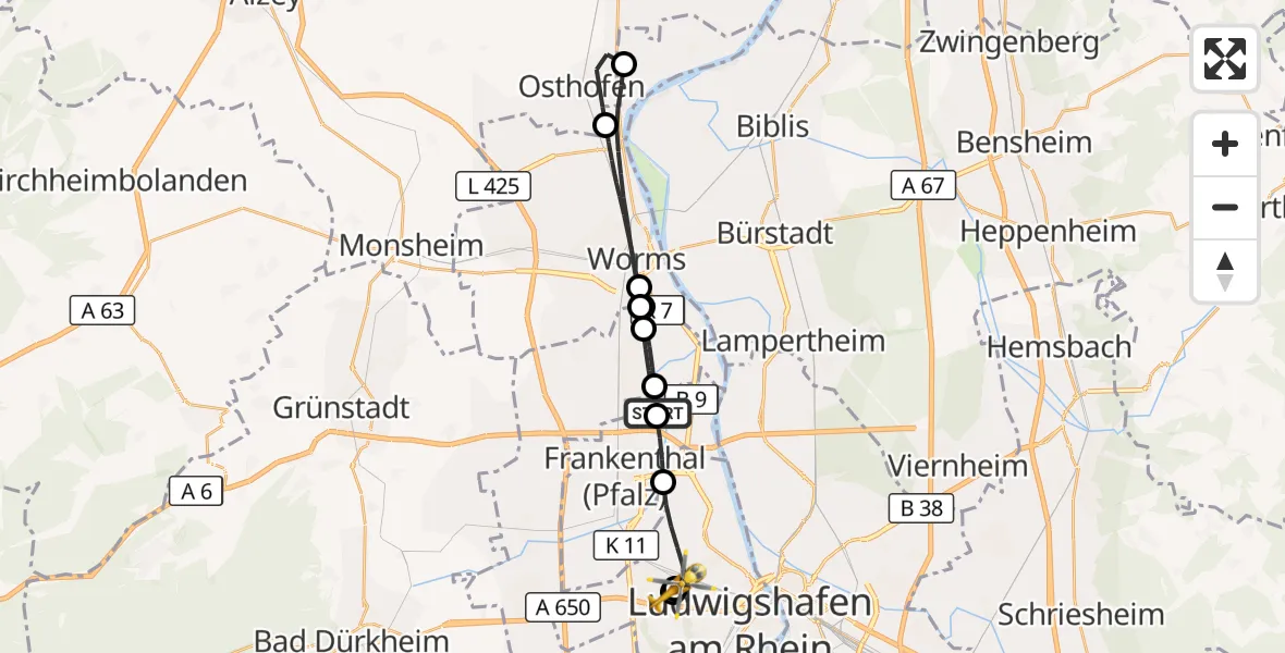 Flugroute Rettungshubschrauber Frankenthal (Pfalz) - Ludwigshafen Accident Hospital, 21 September 2026, 13:57