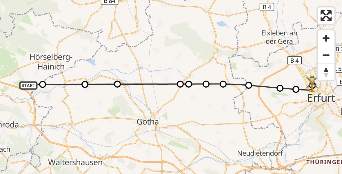 Flugroute Ambulanzhubschrauber Eisenach-Kindel Flughafen - Helios Clinic Erfurt, 21 September 2026, 13:57