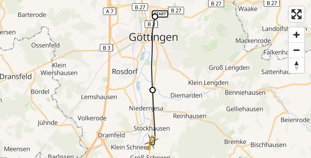 Flugroute Rettungshubschrauber Göttingen University Clinic Hubschrauberlandeplatz - Friedland, 21 September 2026, 14:13