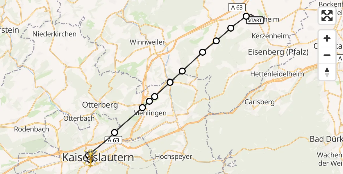 Flugroute Rettungshubschrauber Göllheim - Westpfalz Hospital Kaiserslautern, 21 September 2026, 14:17