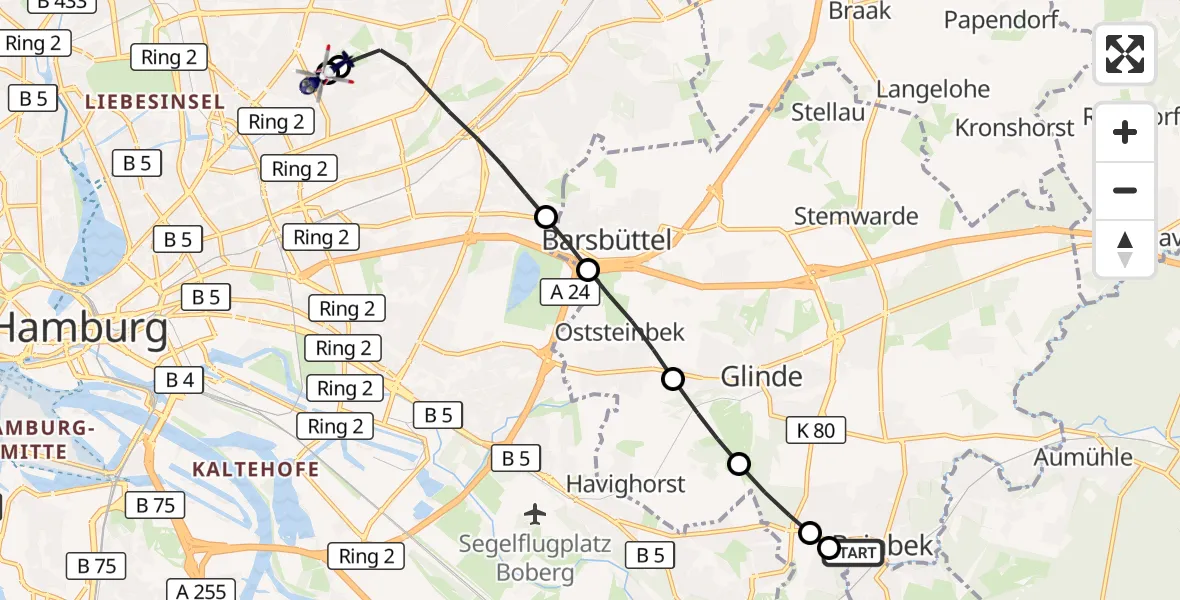 Flugroute Polizeihubschrauber Reinbek St. Adolf-Stift Hospital - Hamburg Military Hospital, 21 September 2026, 14:17