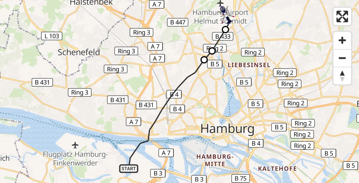 Flugroute Polizeihubschrauber Hamburg - Hamburg Helmut Schmidt Flughafen, 21 September 2026, 14:27