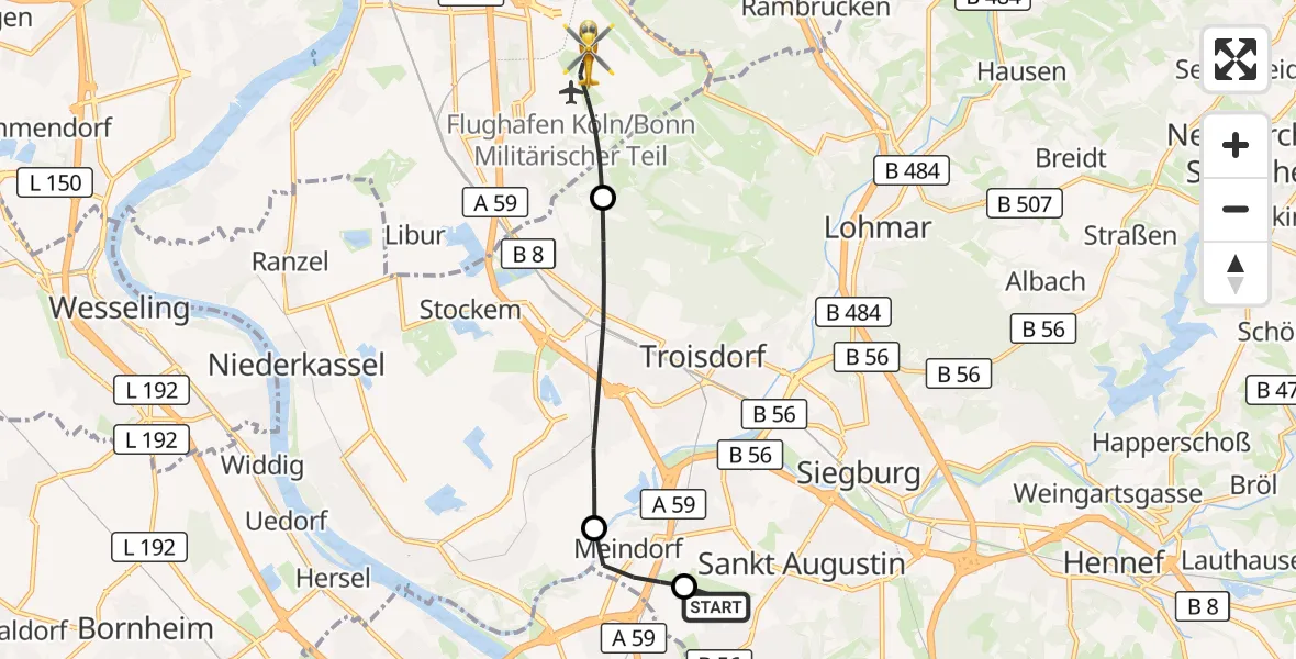 Flugroute Ambulanzhubschrauber Bonn-Hangelar Flugplatz - Köln Bonn Flughafen, 21 September 2026, 14:30