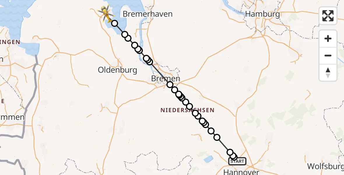 Flugroute Rettungshubschrauber Flughafen Hannover - Wilhelmshaven, 21 September 2026, 14:49