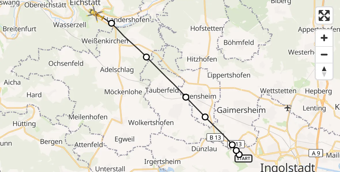 Flugroute Rettungshubschrauber Ingolstadt Hospital - Eichstätt, 21 September 2026, 14:54